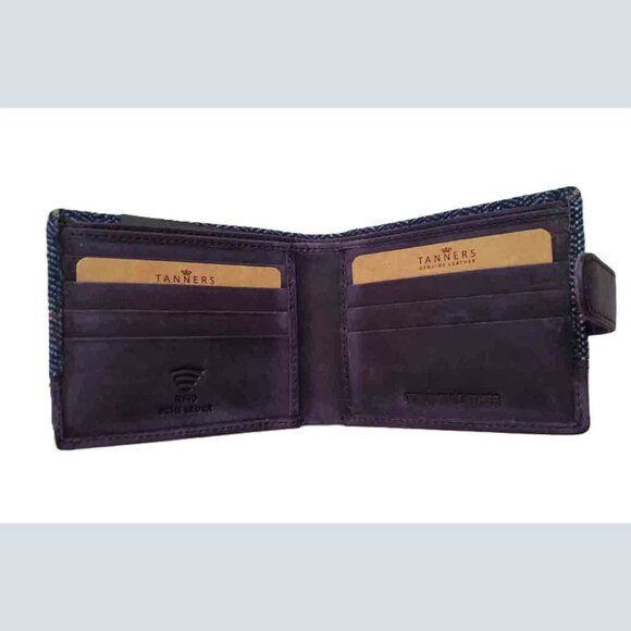 Tanners Herringbone Wool Tweed and Leather Bifold Wallet Blue Brown RFID Men's - Picture 4 of 4